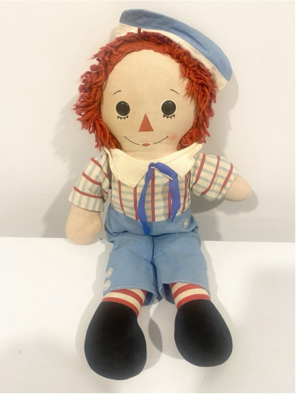 Vintage Raggedy Andy Doll 14” Cloth Rag Doll Red Yarn Hair Sailor Outfit TLC